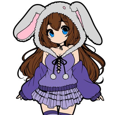 pretty anime girl wearing a fluffy hoodie with bunny ears on the hood and a skirt