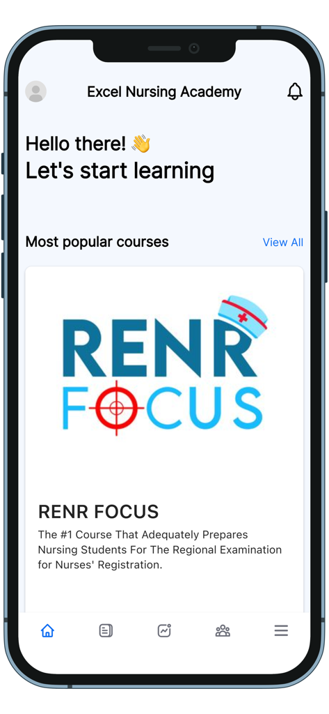 RENR FOCUS - RENR FOCUS mobile app home screen showing nursing exam preparation courses from Excel Nursing Academy