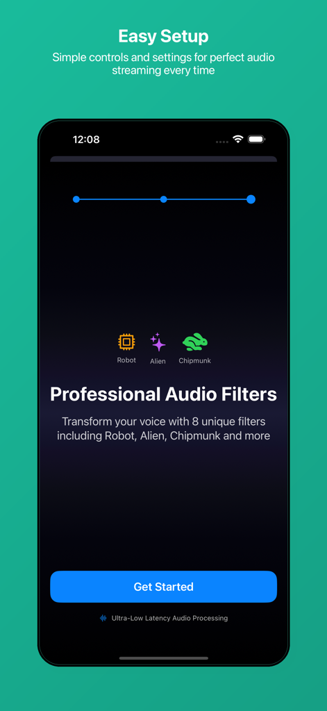 Bluetooth microphone - BlueMic - BlueMic app interface displaying professional voice filters like robot and chipmunk