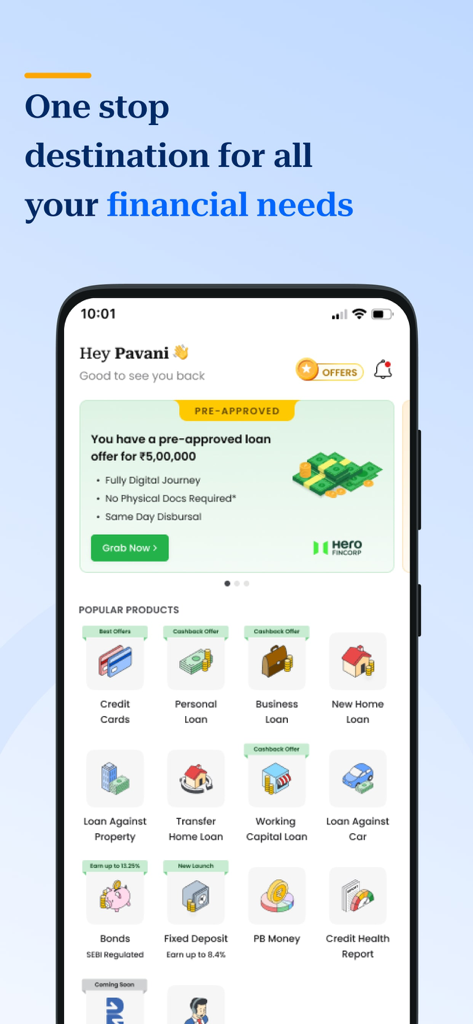 Paisabazaar app interface displaying pre-approved loan offers and financial services like loans and credit reports.