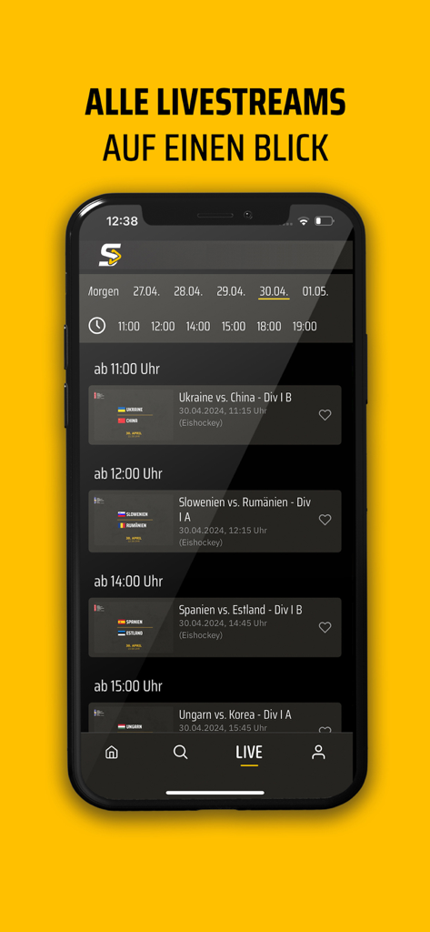 A smartphone screen showing the Sporteurope.TV app with a list of upcoming live ice hockey streams and game times.