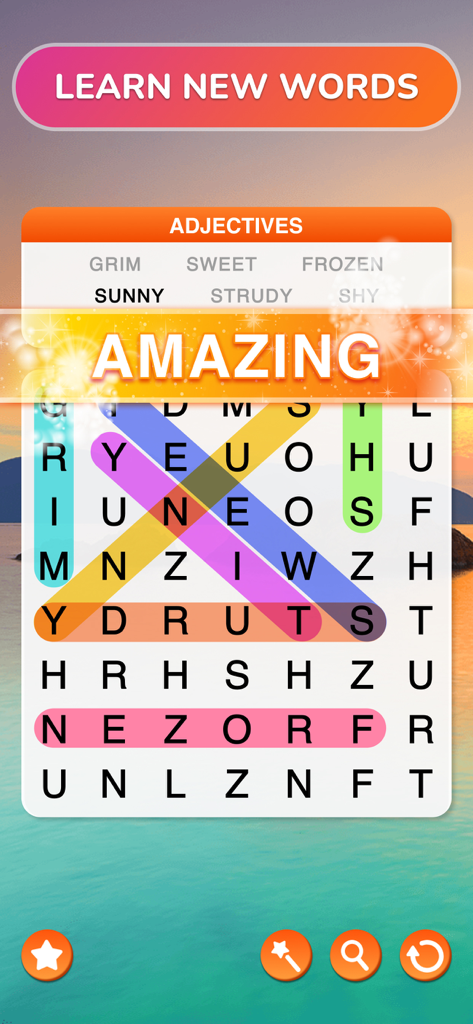 Word Search Journey - Puzzle - Gameplay of Word Search Journey showing a grid of adjectives over a peaceful ocean sunset background.