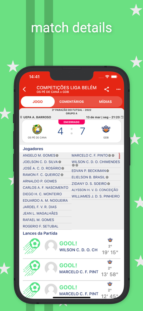 Match details screen showing scores team lineups and goal timeline in Easy Tournament app