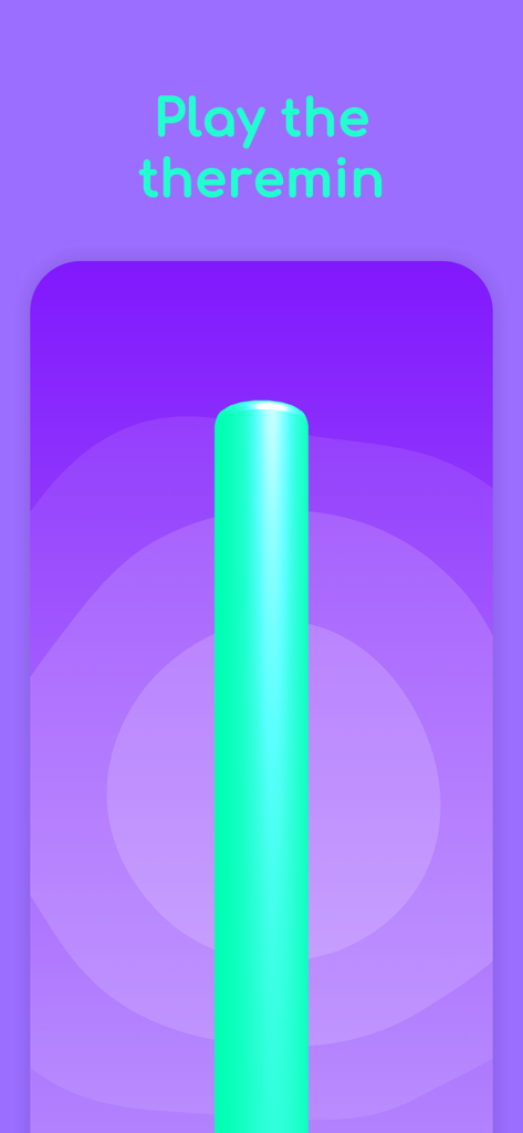 Jam Toys app screenshot showing a digital theremin instrument with a vertical cyan bar on a purple background