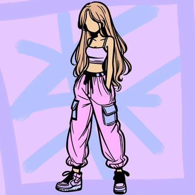 girl in baggy pants crop top and long hair