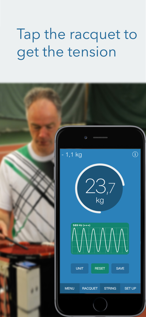 RacquetTune - String Tension - La aplicación RacquetTune muestra la medición de la tensión de las cuerdas de la raqueta en kilogramos y la frecuencia de las ondas sonoras