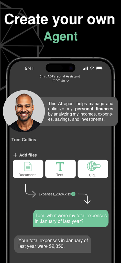 ChatAI - RAG & AI Agents - Tela móvel mostrando como criar um agente de IA personalizado para analisar documentos financeiros pessoais