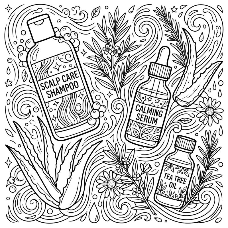 Dive into the world of natural hair wellness with this beautifully detailed coloring page dedicated to scalp care solutions. Featuring botanical ingredients and essential products, it's perfect for a relaxing and educational coloring session.