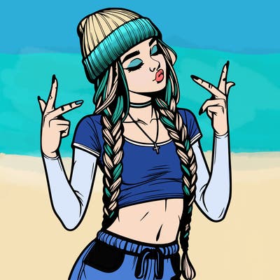 realistic teenage girl with braids and a beanie and crop top doing 🫶🏼