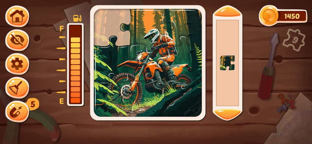 Truck Games Epic Jigsaw Puzzle - A screenshot of a kids jigsaw puzzle game featuring a motocross rider in a forest.