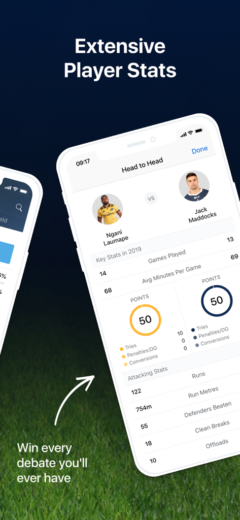 Screenshot dell'app Union Live che mostra un confronto testa a testa tra giocatori con statistiche dettagliate sul rugby