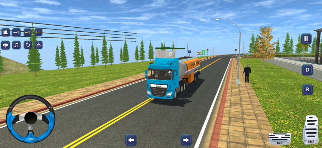 US Truck Driving Cargo Games - Un camión de carga azul conduciendo por una carretera suburbana con una interfaz de simulador.