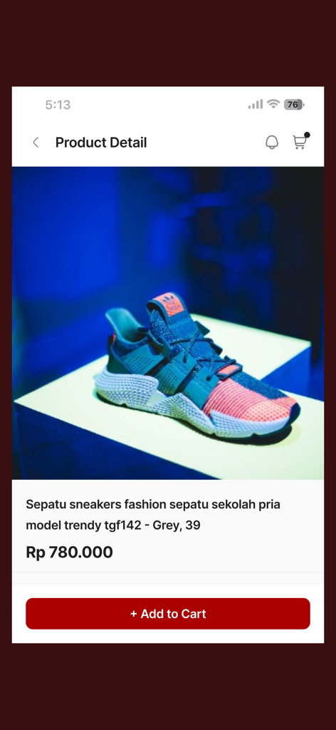 Osbond Gym - Product detail screen in the Osbond Gym app showing grey fashion sneakers with an add to cart button