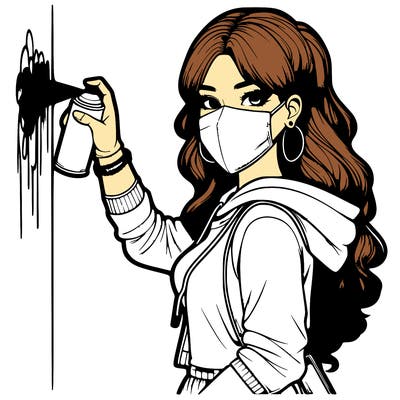 realistic girl with mask spray painting a wall