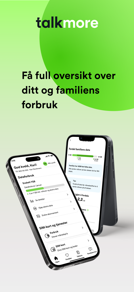Talkmore mobile App-Oberfläche, die den Datenverbrauch und die Verwaltung von Familienkonten anzeigt