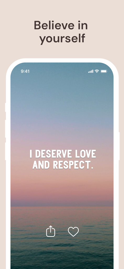 I am - Daily Affirmations - Schermata dello smartphone che mostra l'affermazione 'Merito amore e rispetto' su uno sfondo calmante di oceano al tramonto.