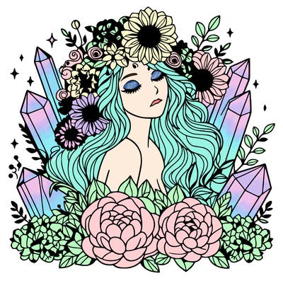 complex woman with flowers, crystals
