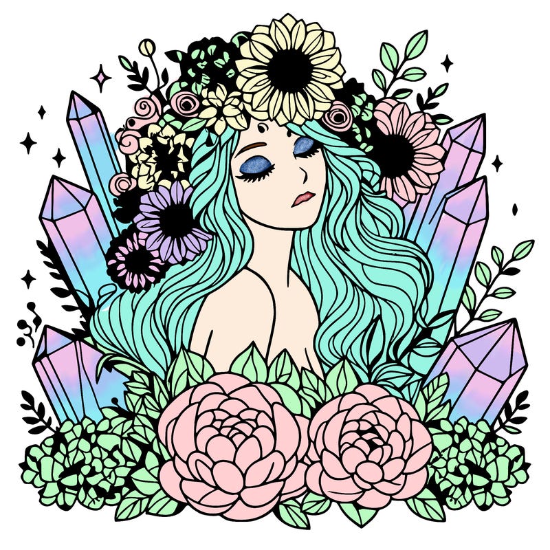 complex woman with flowers, crystals