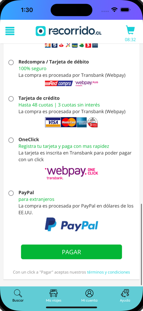 Écran de sélection du mode de paiement dans l'application Recorrido montrant les options PayPal et carte de crédit