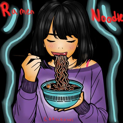 a girl realistic eating ramen noodles