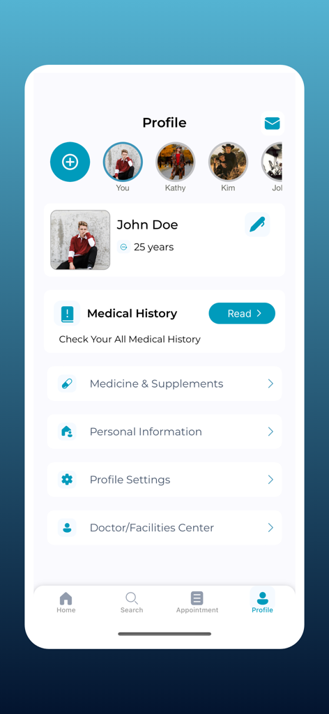 Profile dashboard of MY JOURNAL MED app showing multi-user management for family medical records including medical history and medicine tracking