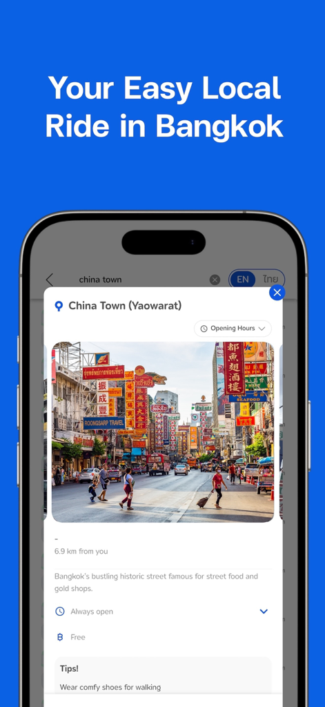 MuvMi app interface displaying destination details for Chinatown in Bangkok
