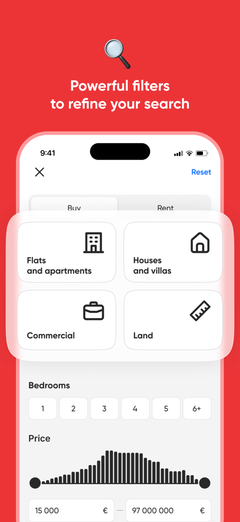 Advanced search filters interface for Cyprus real estate listings including property type price range and bedrooms