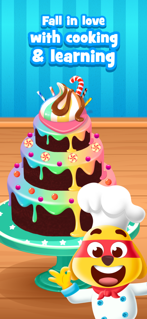 Kids Cooking Games & Baking - Un colorido pastel de arcoíris de varios pisos con decoraciones de dulces y un lindo personaje de chef perro de dibujos animados