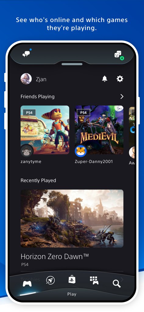 PlayStation App - Tela inicial do Aplicativo PlayStation mostrando amigos online e jogos jogados recentemente