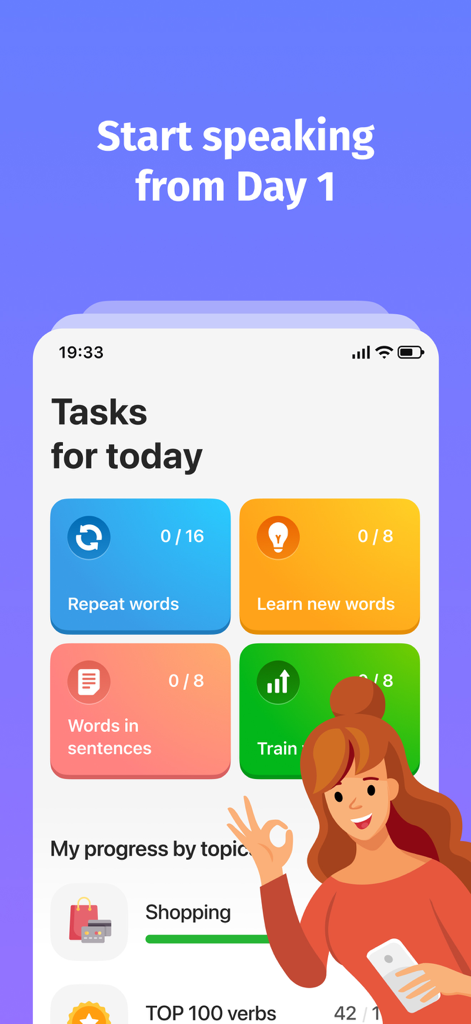 Brightアプリのダッシュボード。トピック別の毎日の英語学習タスクと進捗状況が表示されています。