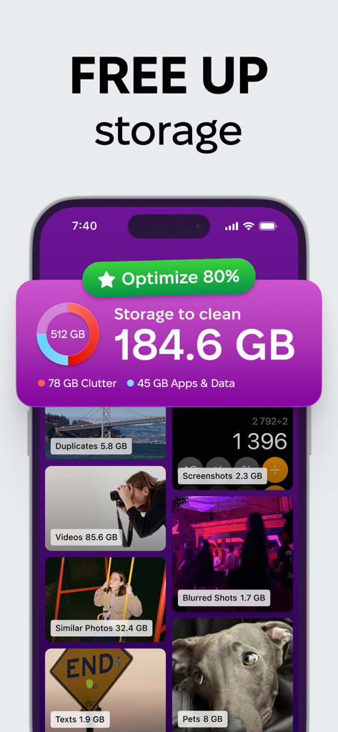 CleanMy®Phone: Cleanup Storage - Panel de la aplicación CleanMyPhone mostrando un análisis de almacenamiento con 184 GB para limpiar en categorías como duplicados, videos y tomas borrosas.