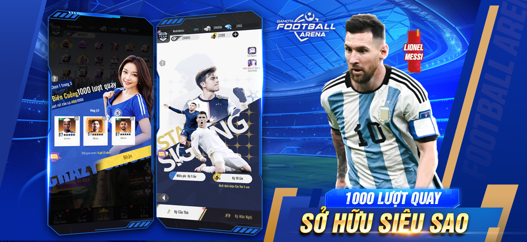 Football Arena: Vua Bóng Đá - Football Arena Vua Bong Da game featuring Lionel Messi and superstar player cards