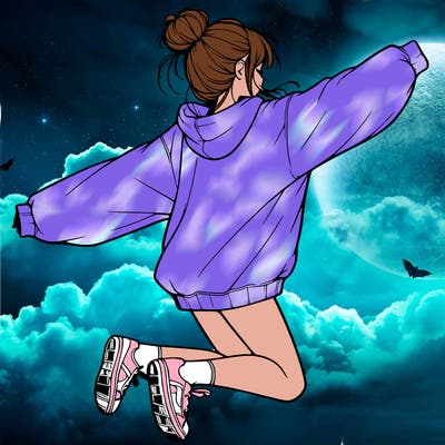 realistic girl jumping with a bun and oversized sweatshirt