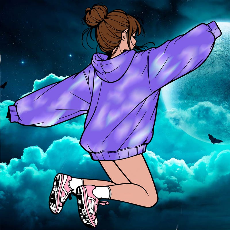 realistic girl jumping with a bun and oversized sweatshirt