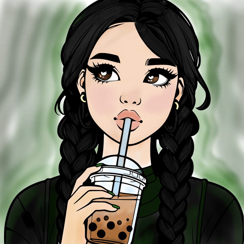 realistic girl with braided hair drinking boba