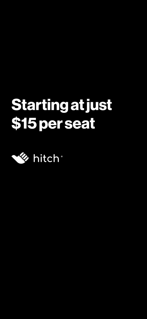 Hitch - City-to-City Rideshare - Hitch city to city rideshare app screen showing pricing starting at 15 dollars per seat