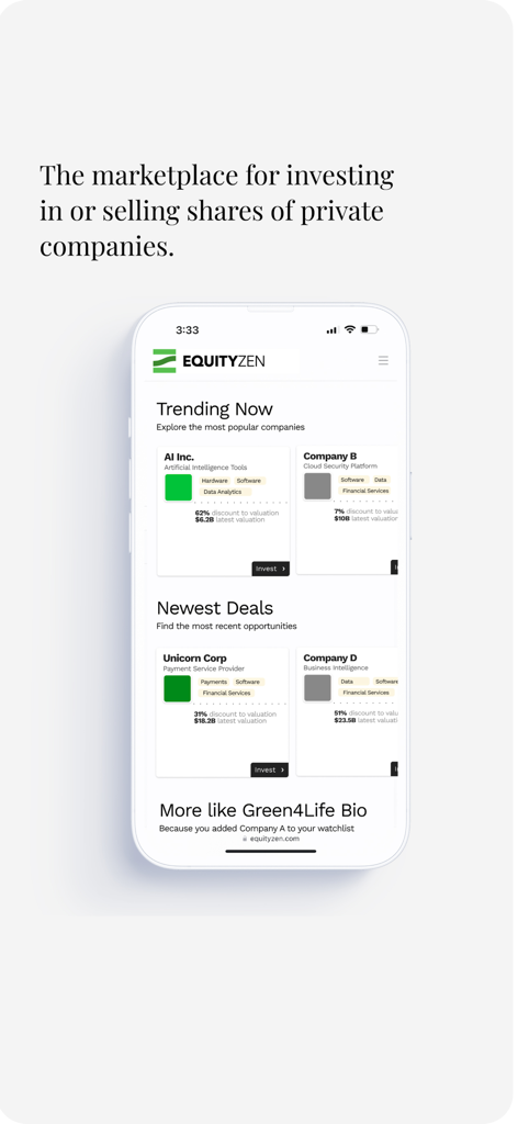 EquityZen mobile app interface showing a marketplace for investing in private company shares and trending pre-IPO deals