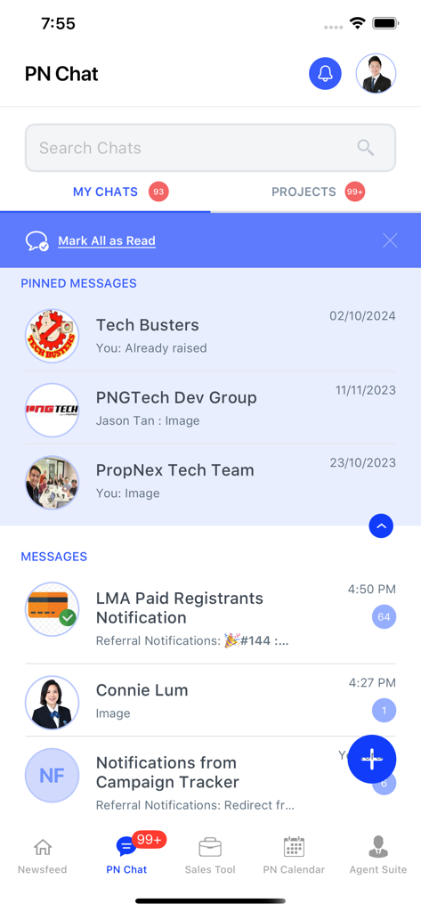 PN Business Suite - Screenshot of the PN Chat section in the PN Business Suite app showing pinned and recent professional messages.