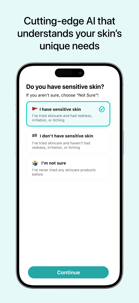 Glass: AI Skincare & Acne Scan - Glass AI skincare app screen showing a questionnaire asking if the user has sensitive skin with options for personalized analysis.