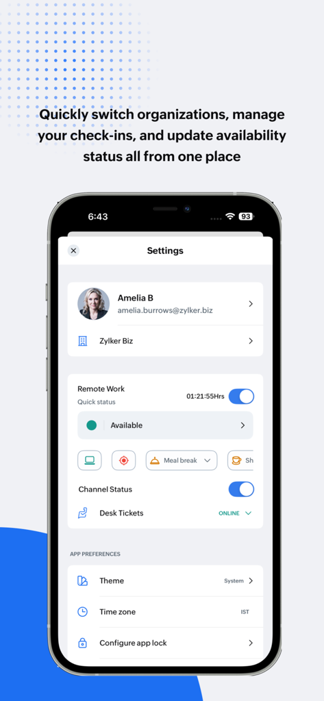 Pantalla de configuración de la aplicación Zoho One mostrando el perfil del usuario, el interruptor de estado de trabajo remoto y las preferencias de la aplicación.