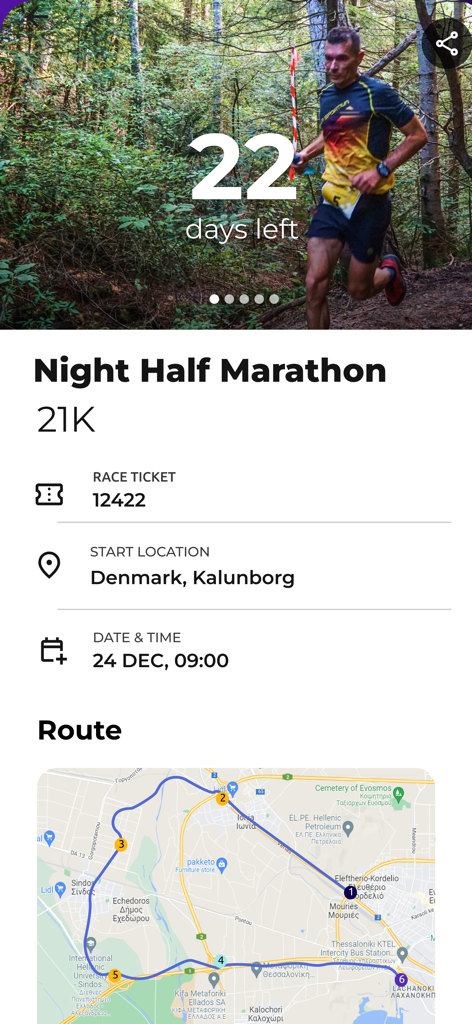 Pace Sports - Pace Sports app screenshot showing half marathon event details including a countdown timer and race route map