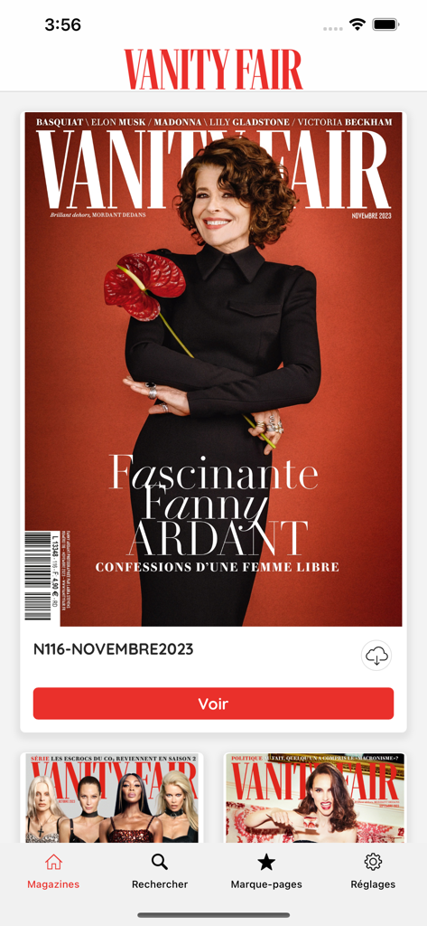 Vanity Fair Magazine France - Vanity Fair France app home screen showing the November 2023 issue with Fanny Ardant on the cover