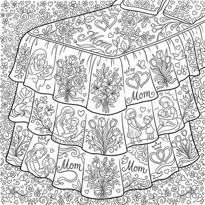Dive into the joy of Mother's Day with this beautifully intricate bed skirt coloring page. Adorned with loving scenes, delicate flowers, and heartfelt 'Mom' designs, it's a perfect way to show your appreciation.