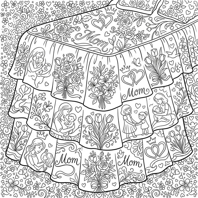 Dive into the joy of Mother's Day with this beautifully intricate bed skirt coloring page. Adorned with loving scenes, delicate flowers, and heartfelt 'Mom' designs, it's a perfect way to show your appreciation.