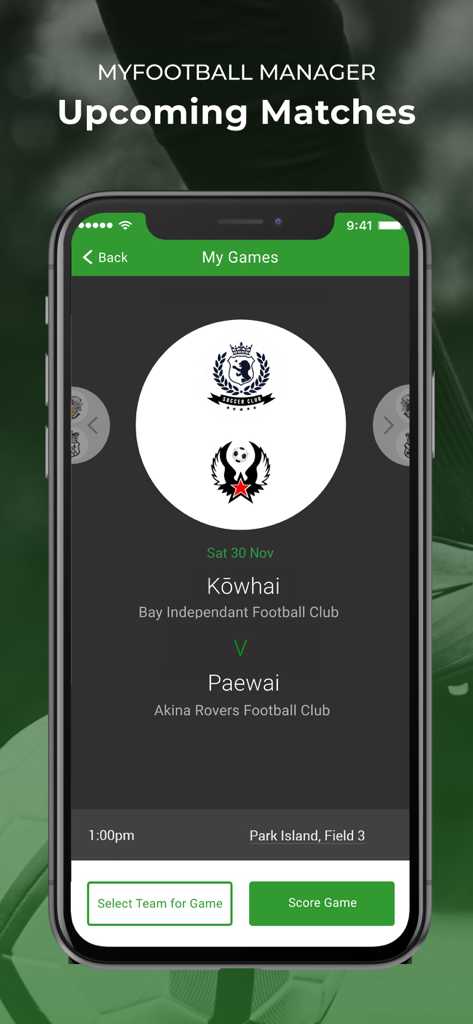 MyFootball Manager App-Oberfläche, die anstehende Fußballspiel-Details und Spielstandoptionen anzeigt