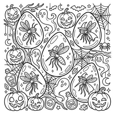 Unleash your creativity with this delightfully spooky Halloween coloring page, starring adorable amber mosquitoes in witch hats. Surround yourself with grinning jack-o'-lanterns, friendly ghosts, and intricate spiderwebs for a truly unique holiday art project.