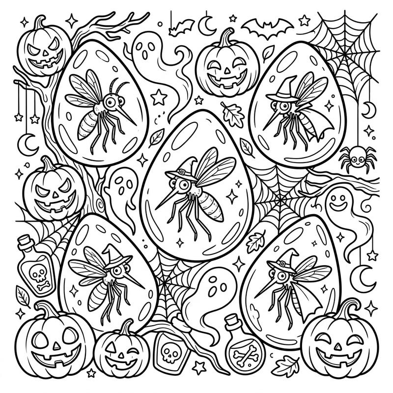 Unleash your creativity with this delightfully spooky Halloween coloring page, starring adorable amber mosquitoes in witch hats. Surround yourself with grinning jack-o'-lanterns, friendly ghosts, and intricate spiderwebs for a truly unique holiday art project.