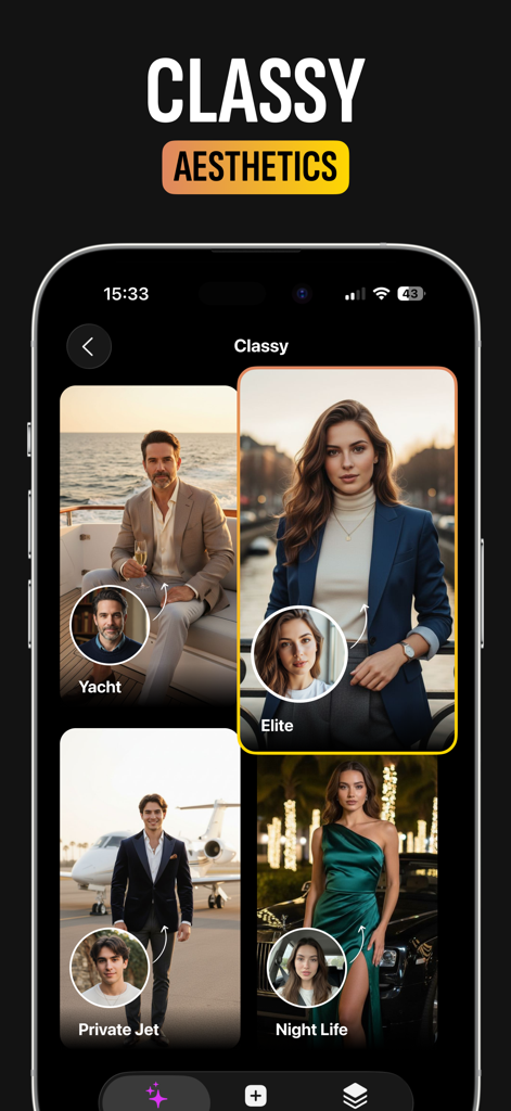 AIYAI - AI Photo & Video Maker - AIYAI app interface showing AI-generated portraits in classy lifestyle aesthetics like private jets and yachts