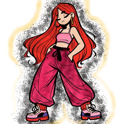 girl in baggy pants crop top and long hair