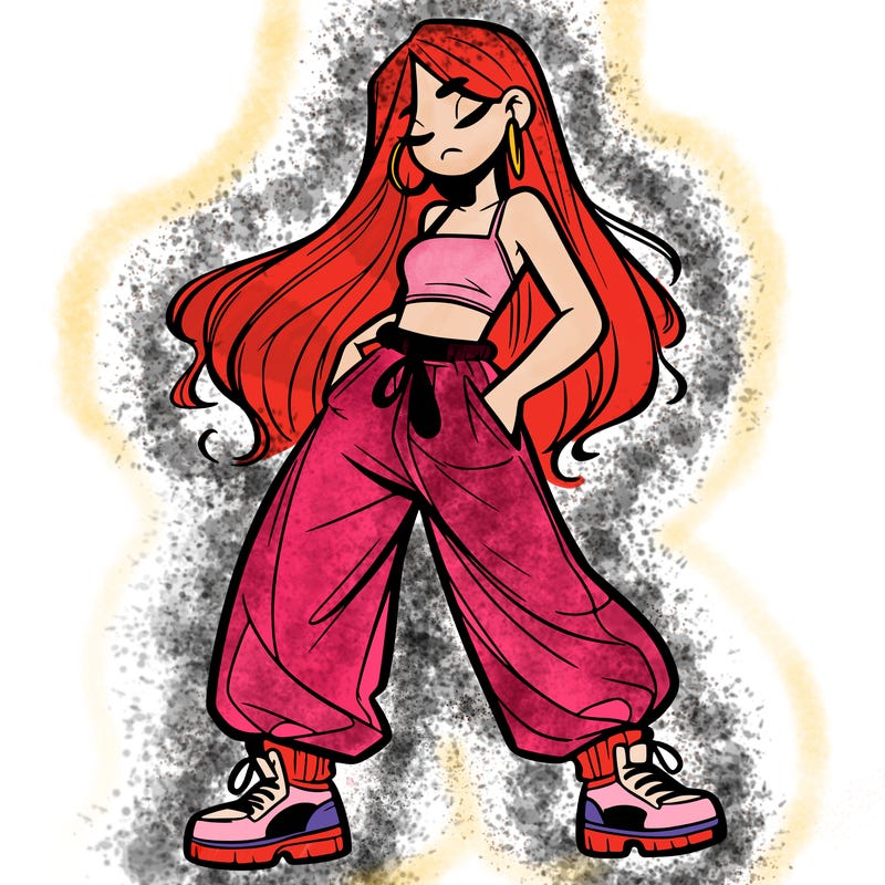 girl in baggy pants crop top and long hair